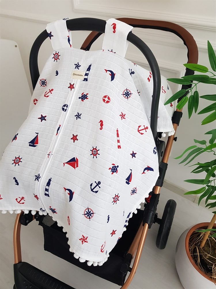 Denizci  Ponponlu Fermuarlı Bebek Puset Örtüsü