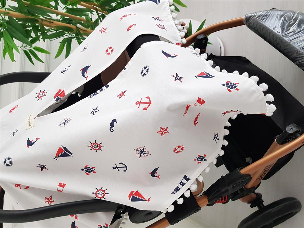 Denizci Ponponlu Bebek Puset Örtüsü