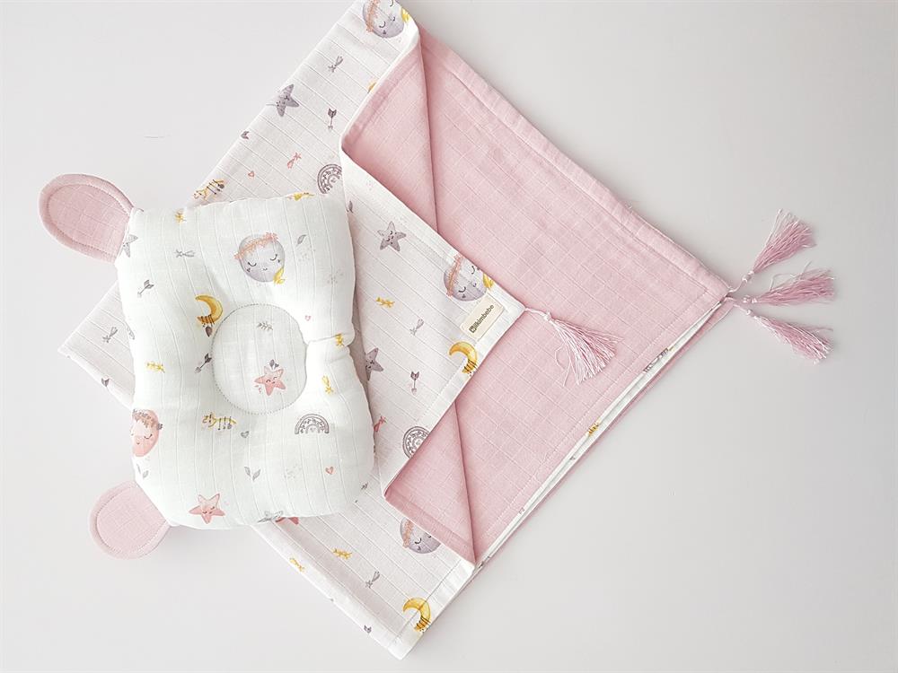 Dolunay Battaniye Müslin Bebek Battaniyesi ve Kulaklı Yastık