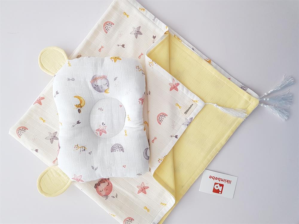 Dolunay Battaniye Müslin Bebek Battaniyesi ve Kulaklı Yastık