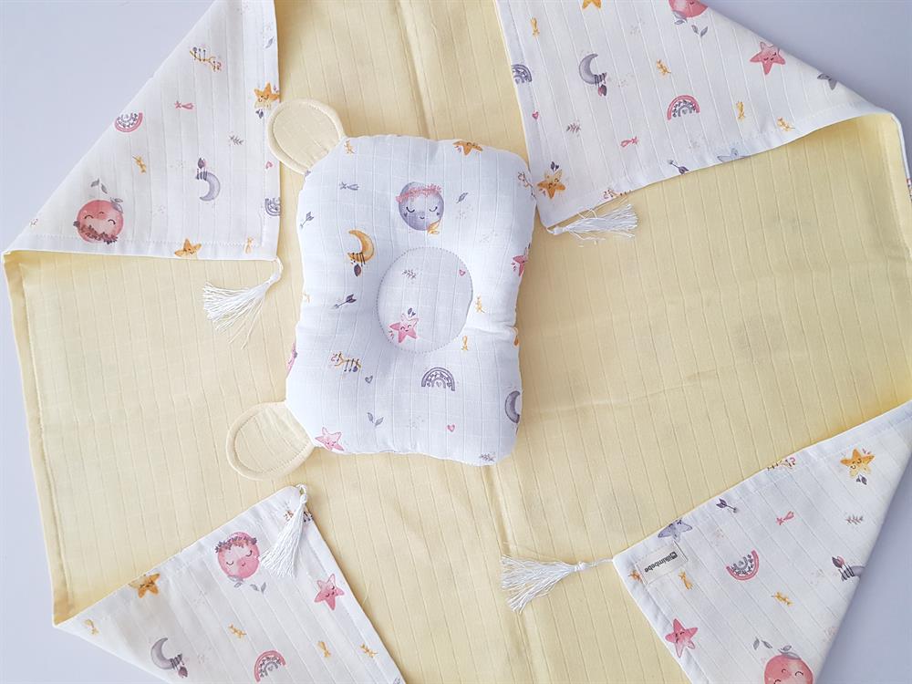 Dolunay Battaniye Müslin Bebek Battaniyesi ve Kulaklı Yastık