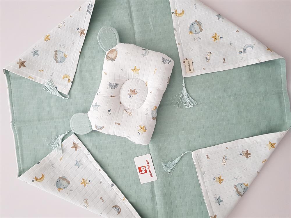 Dolunay Battaniye Müslin Bebek Battaniyesi ve Kulaklı Yastık