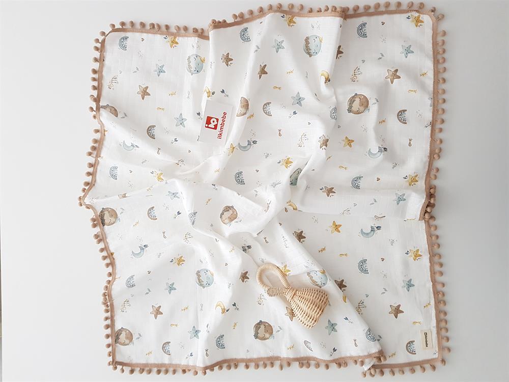 Dolunay Ponponlu Müslin Bebek Battaniyesi 85x90