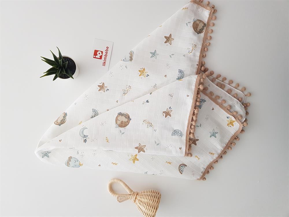Dolunay Ponponlu Müslin Bebek Battaniyesi 85x90