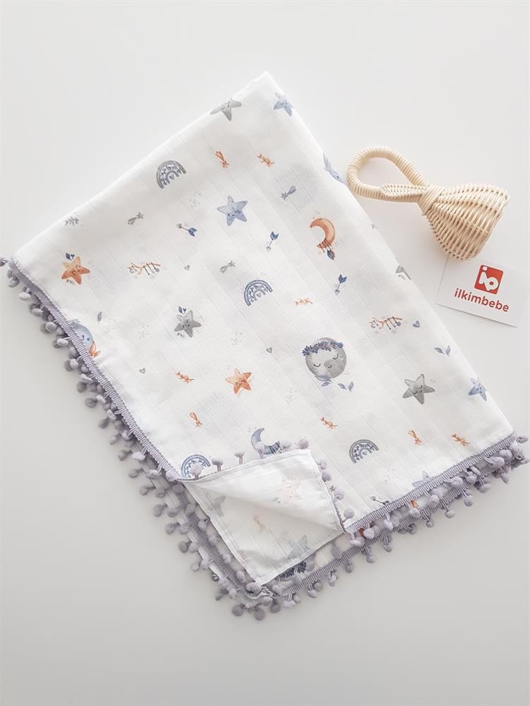 Dolunay Ponponlu Müslin Bebek Battaniyesi 85x90