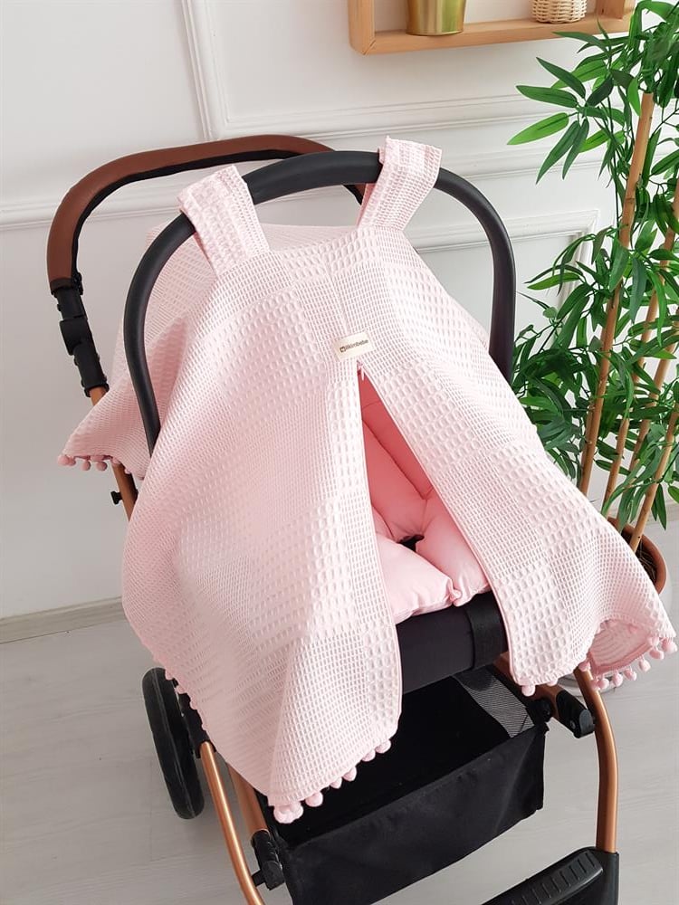 Düz Renk Ponponlu Pikeli Fermuarlı Bebek Puset Örtüsü ve Minderi