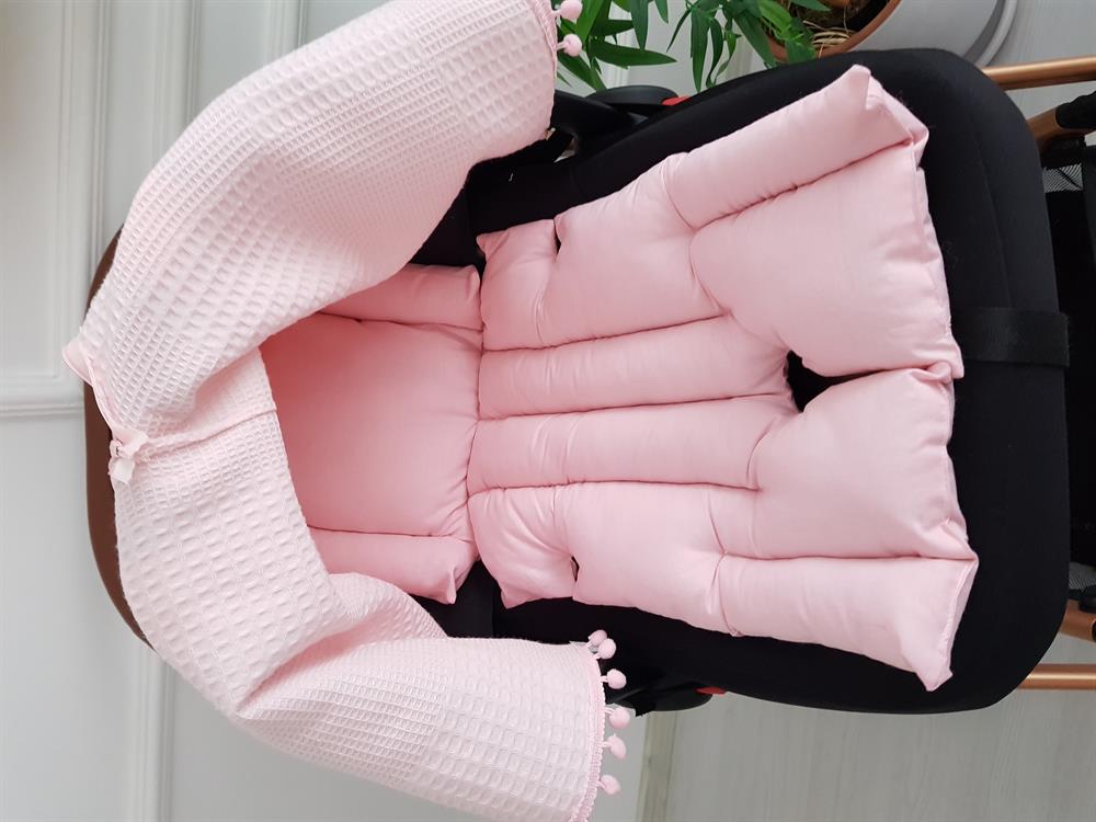 Düz Renk Ponponlu Pikeli Fermuarlı Bebek Puset Örtüsü ve Minderi