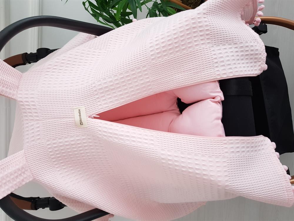 Düz Renk Ponponlu Pikeli Fermuarlı Bebek Puset Örtüsü ve Minderi