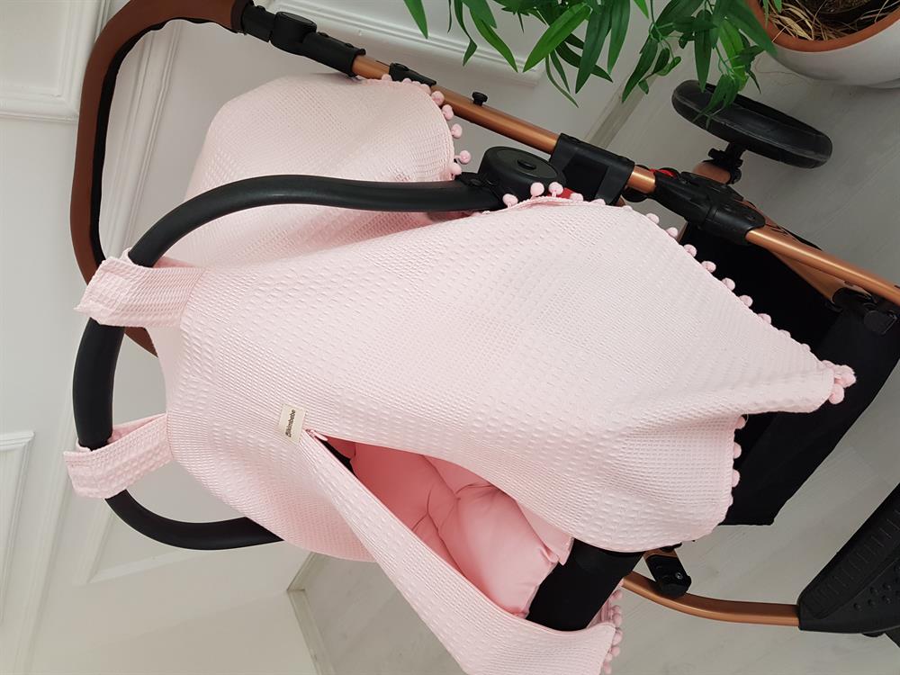 Düz Renk Ponponlu Pikeli Fermuarlı Bebek Puset Örtüsü ve Minderi