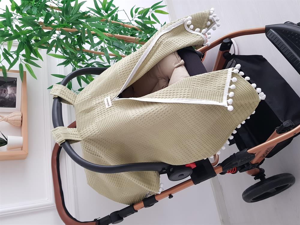 Düz Renk Ponponlu Pikeli Fermuarlı Bebek Puset Örtüsü ve Puset Minderi