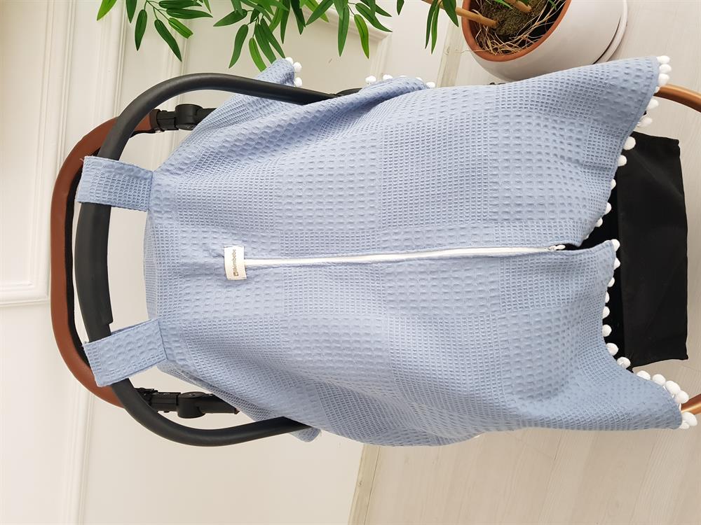 Düz Renk Ponponlu Pikeli Fermuarlı Bebek Puset Örtüsü ve Puset Minderi