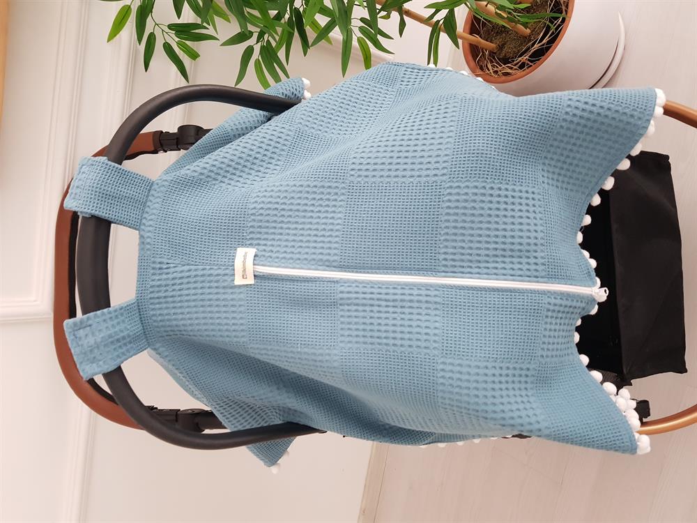 Düz Renk Ponponlu Pikeli Fermuarlı Bebek Puset Örtüsü ve Çiçekli Puset Minderi