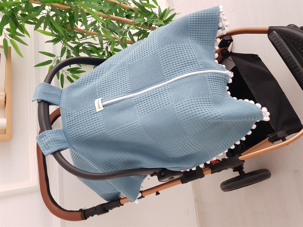 Düz Renk Ponponlu Pikeli Fermuarlı Bebek Puset Örtüsü ve Çiçekli Puset Minderi