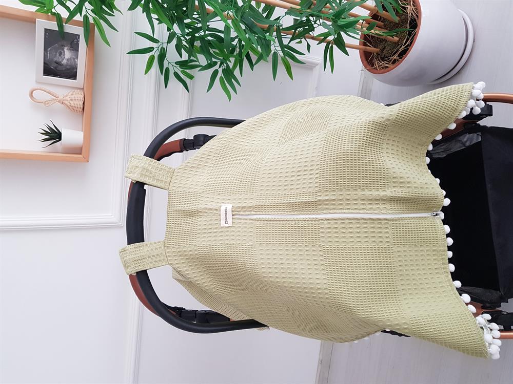 Düz Renk Ponponlu Pikeli Fermuarlı Bebek Puset Örtüsü ve Puset Minderi