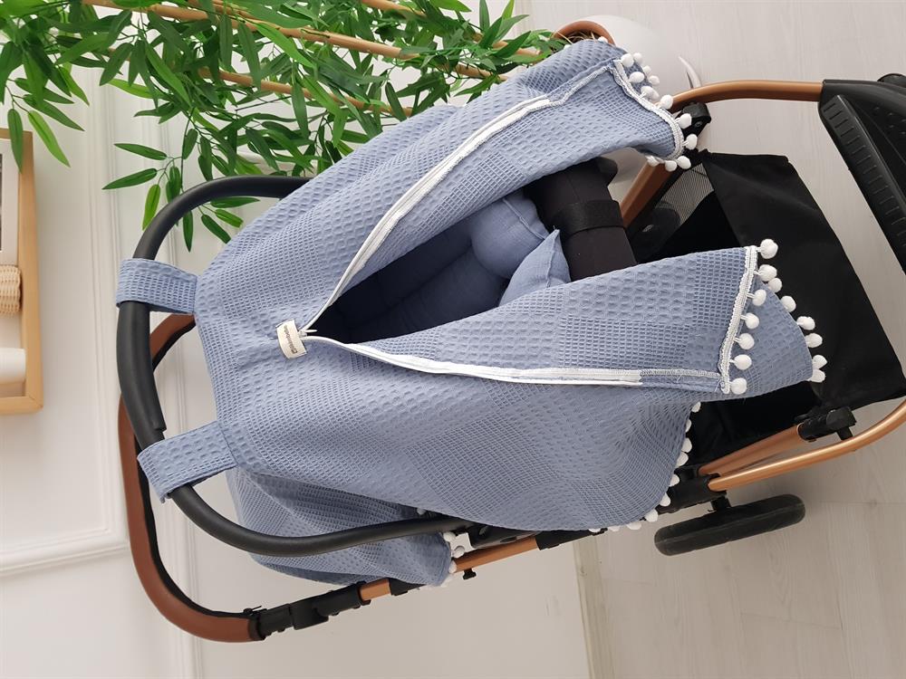 Düz Renk Ponponlu Pikeli Fermuarlı Bebek Puset Örtüsü ve Puset Minderi