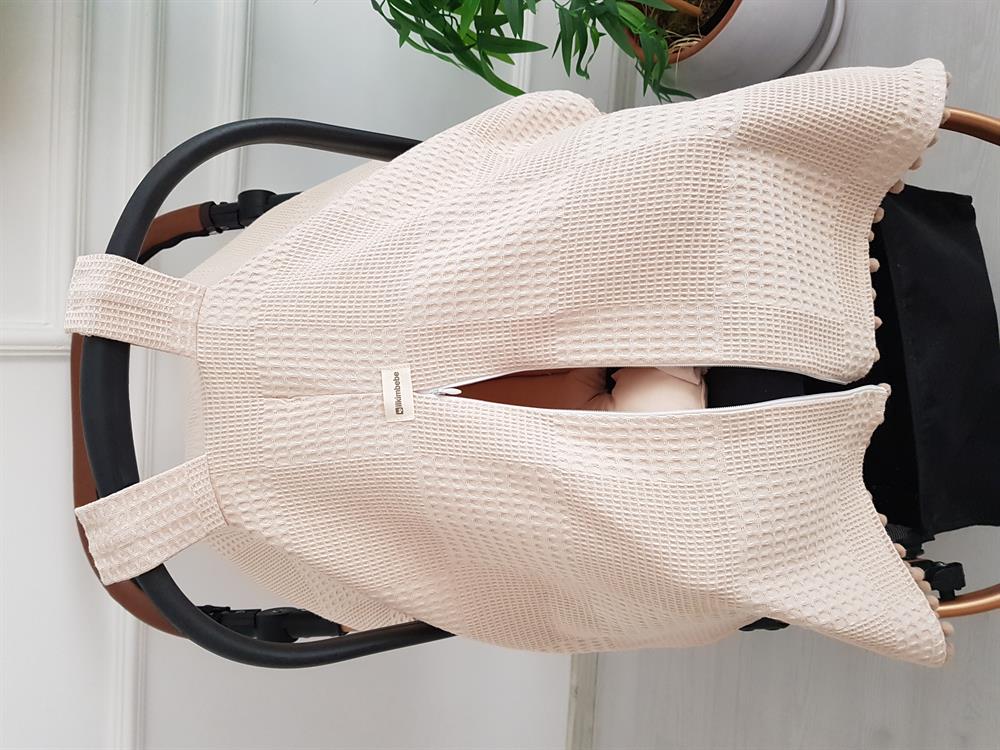 Düz Renk Ponponlu Pikeli Fermuarlı Bebek Puset Örtüsü ve Minderi