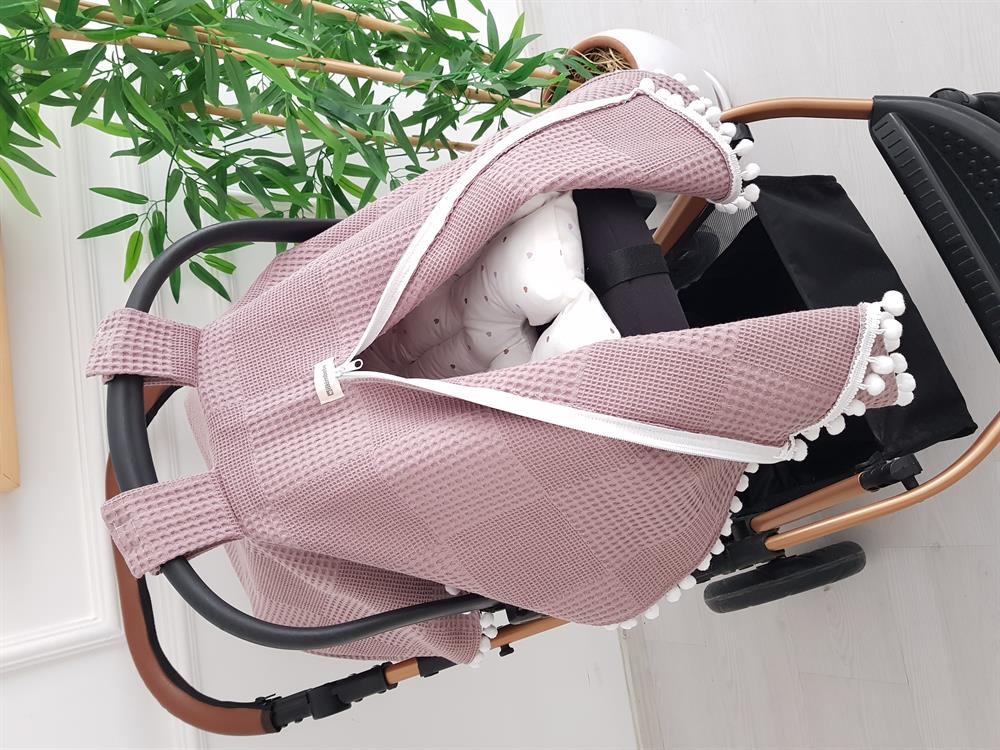 Düz Renk Ponponlu Pikeli Fermuarlı Bebek Puset Örtüsü ve Kalpli Puset Minderi