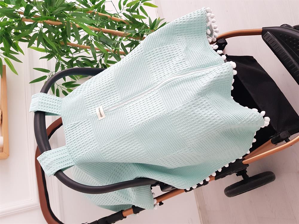 Düz Renk Ponponlu Pikeli Fermuarlı Bebek Puset Örtüsü ve Puset Minderi