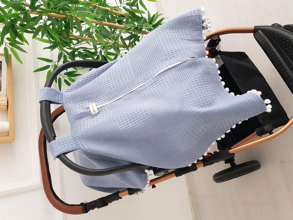 Düz Renk Ponponlu Pikeli Fermuarlı Bebek Puset Örtüsü ve Puset Minderi