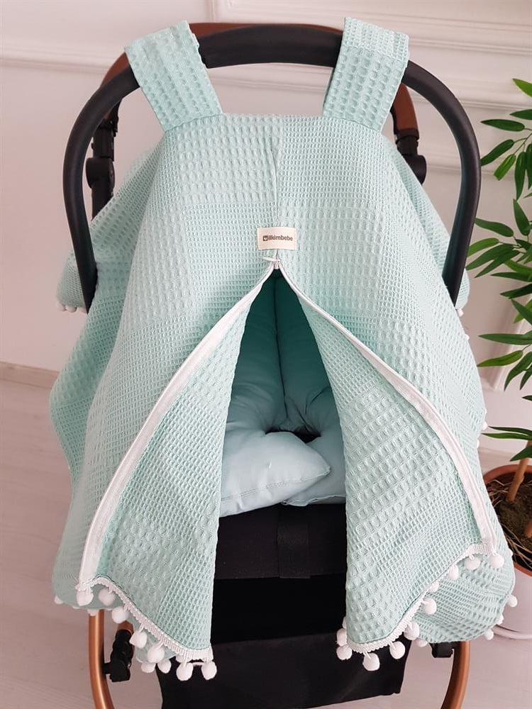 Düz Renk Ponponlu Pikeli Fermuarlı Bebek Puset Örtüsü ve Puset Minderi