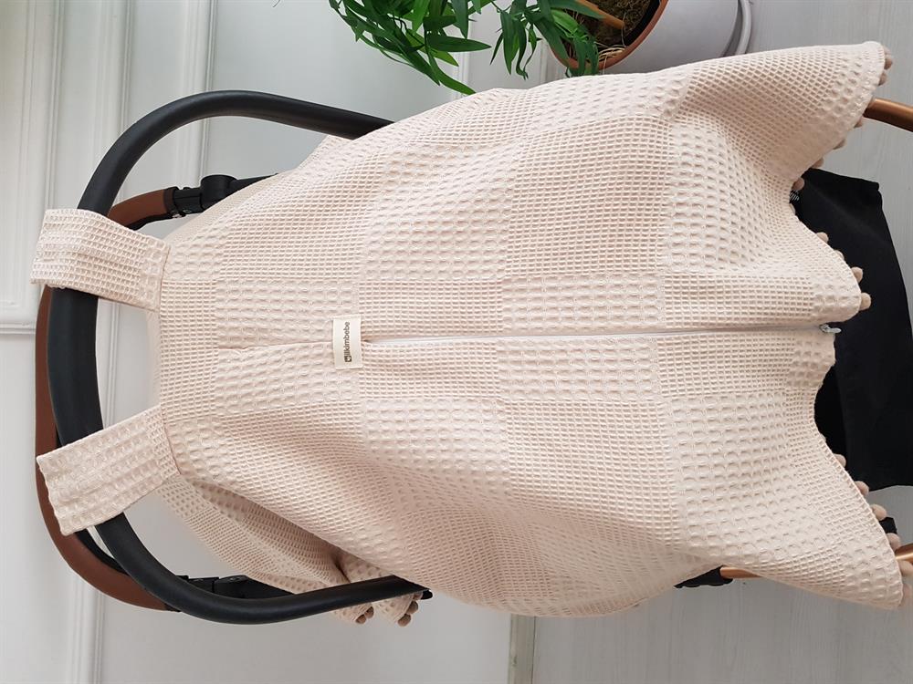 Düz Renk Ponponlu Pikeli Fermuarlı Bebek Puset Örtüsü ve Minderi