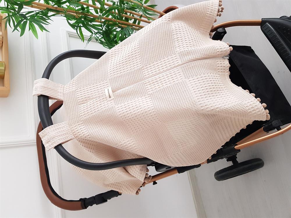 Düz Renk Ponponlu Pikeli Fermuarlı Bebek Puset Örtüsü ve Minderi