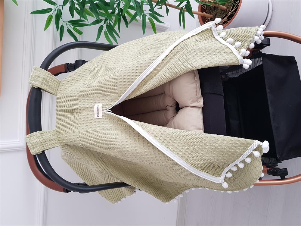 Düz Renk Ponponlu Pikeli Fermuarlı Bebek Puset Örtüsü ve Puset Minderi