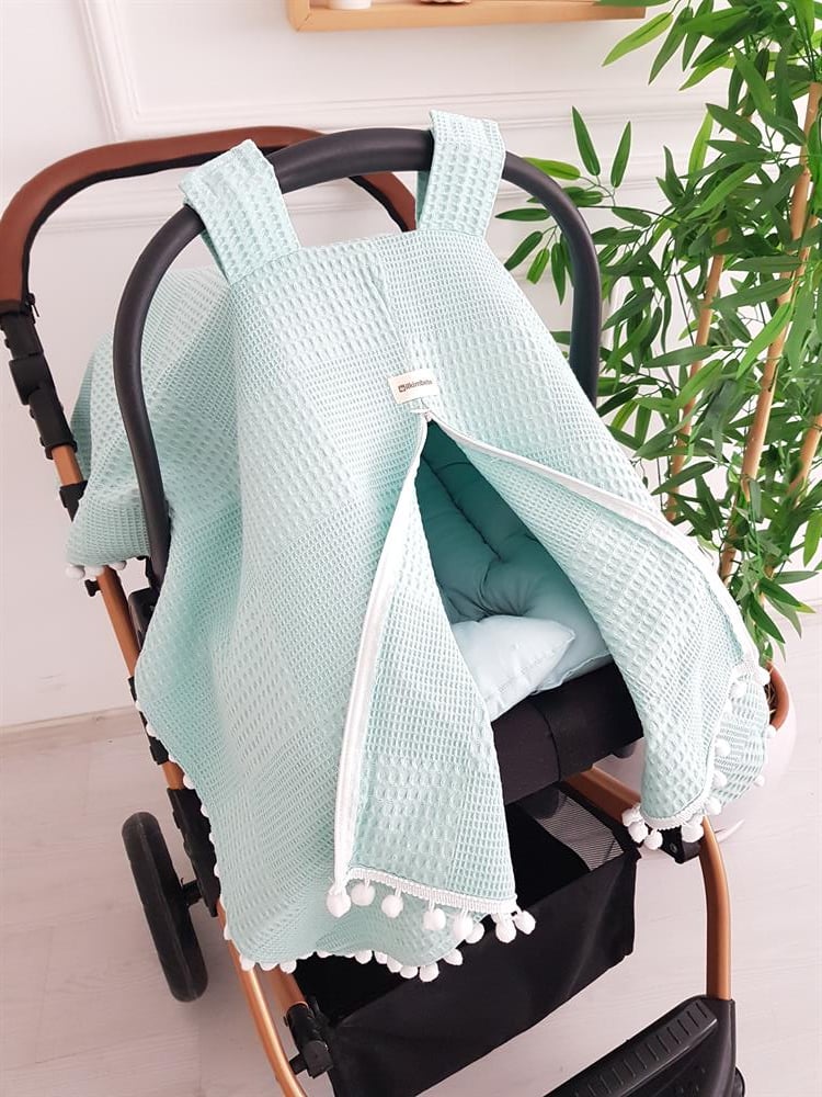 Düz Renk Ponponlu Pikeli Fermuarlı Bebek Puset Örtüsü ve Puset Minderi