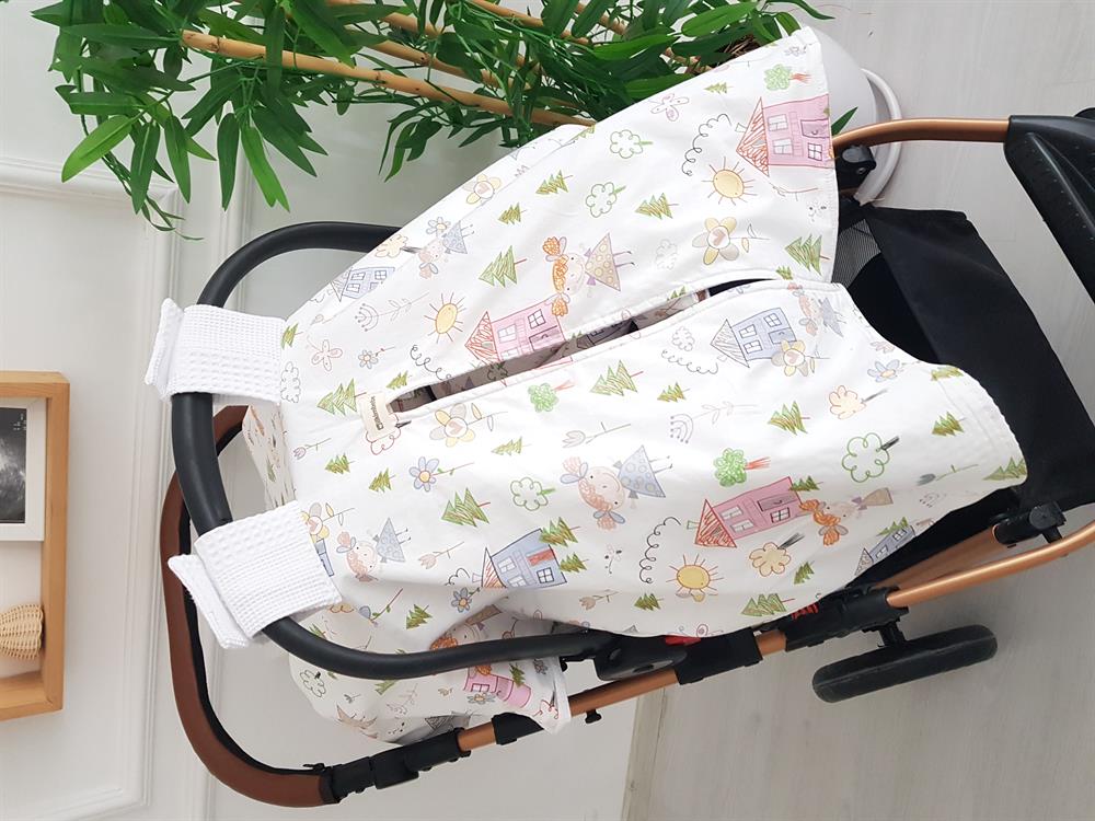 Ev Desenli Çift Taraflı Bebek Puset Örtüsü , Puset Minderi