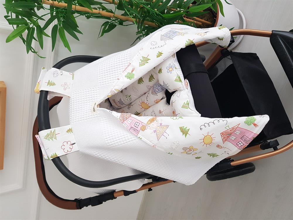 Ev Desenli Çift Taraflı Bebek Puset Örtüsü , Puset Minderi