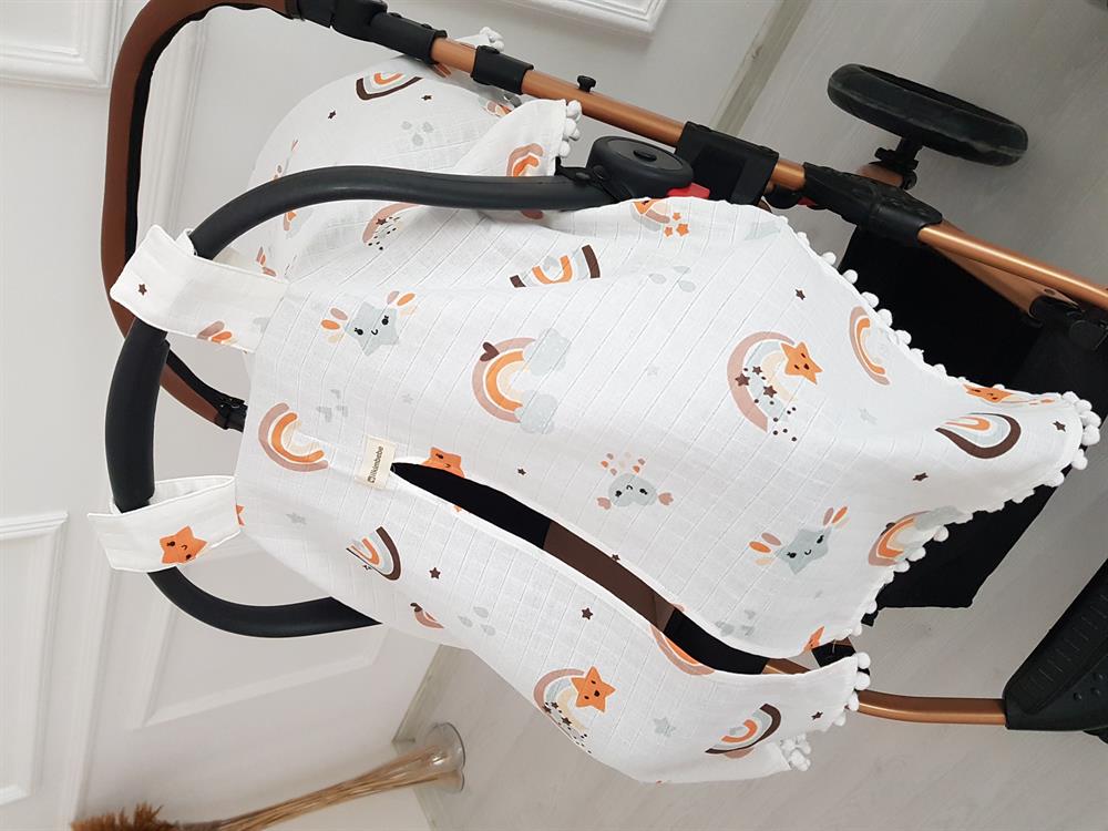 Gökkuşağı Ponponlu Bebek Puset Örtüsü