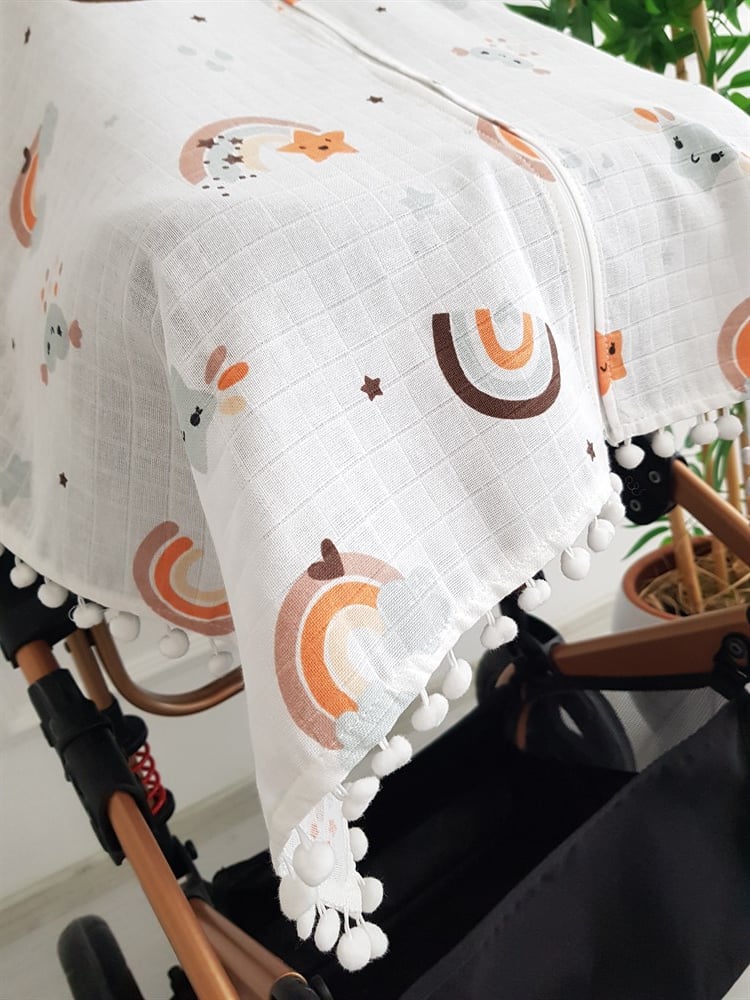 Gökkuşağı Ponponlu Fermuarlı Bebek Puset Örtüsü