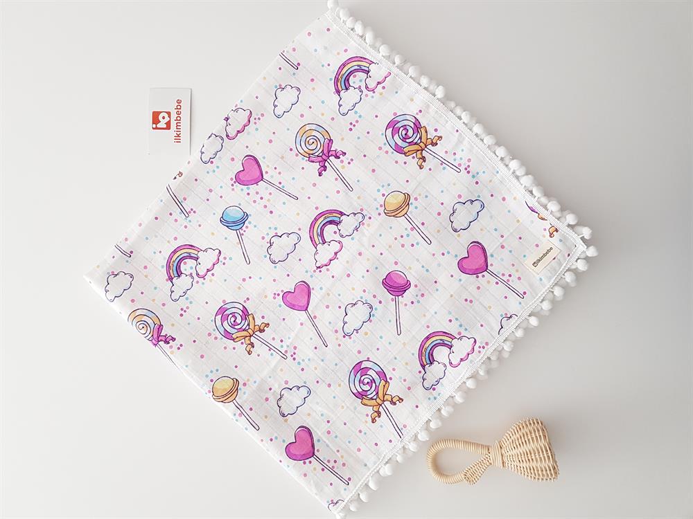 Gökkuşağı Ponponlu Müslin Bebek Battaniyesi 85x90