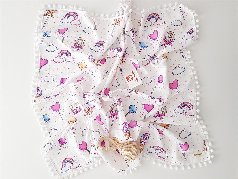 Gökkuşağı Ponponlu Müslin Bebek Battaniyesi 85x90