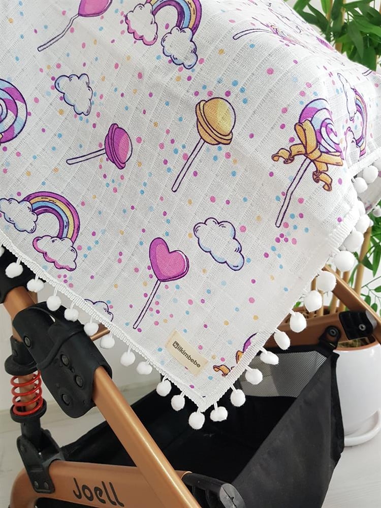 Gökkuşağı Ponponlu Müslin Bebek Battaniyesi 85x90