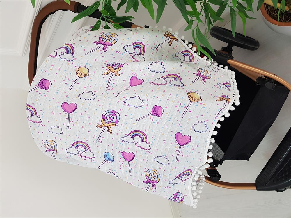 Gökkuşağı Ponponlu Müslin Bebek Battaniyesi 85x90