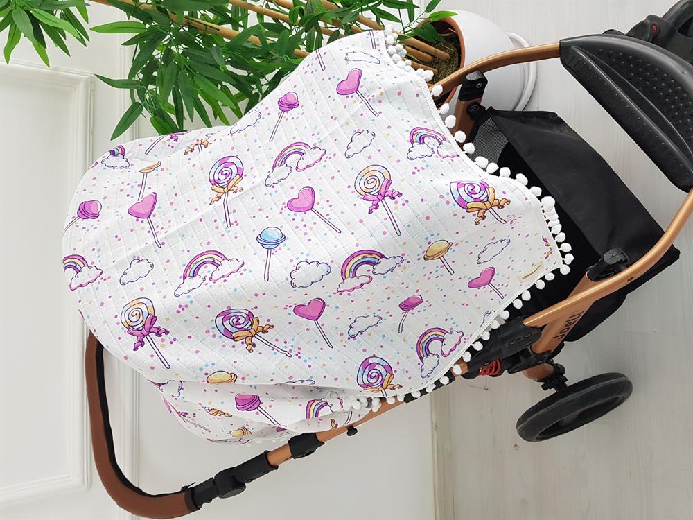 Gökkuşağı Ponponlu Müslin Bebek Battaniyesi 85x90
