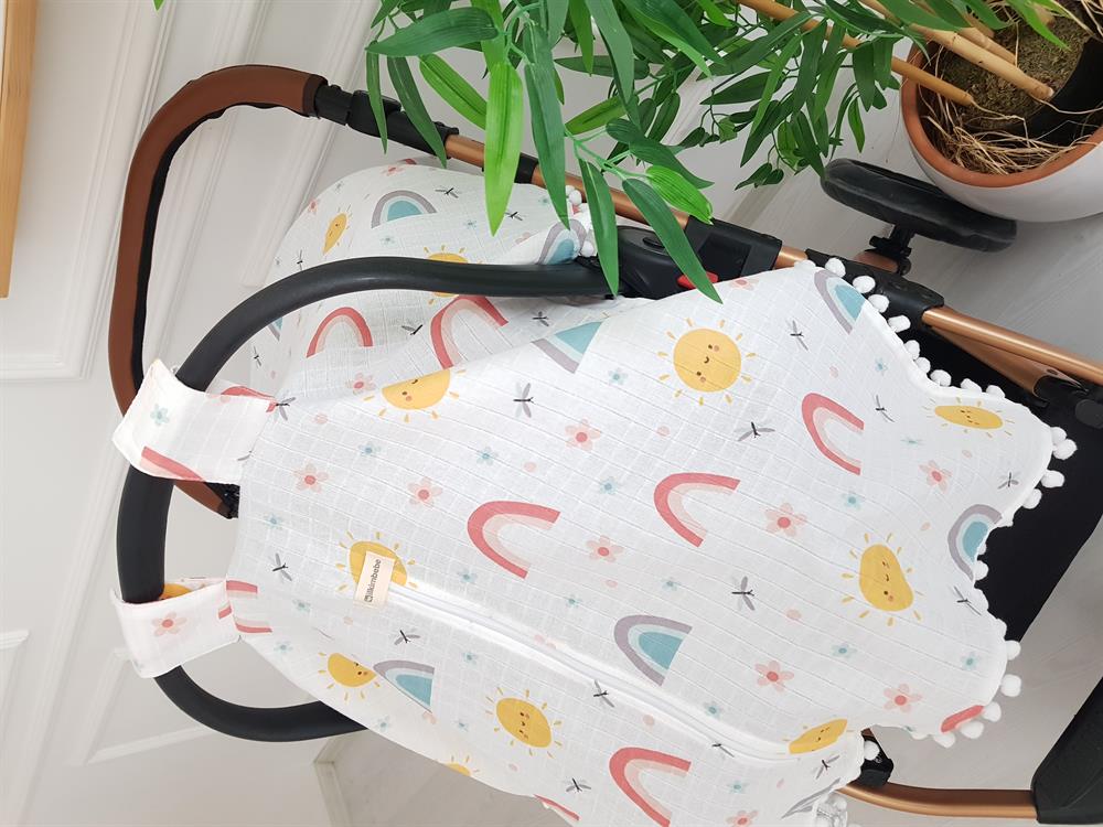 Güneş ve Gökkuşağı Ponponlu Fermuarlı Bebek Puset Örtüsü