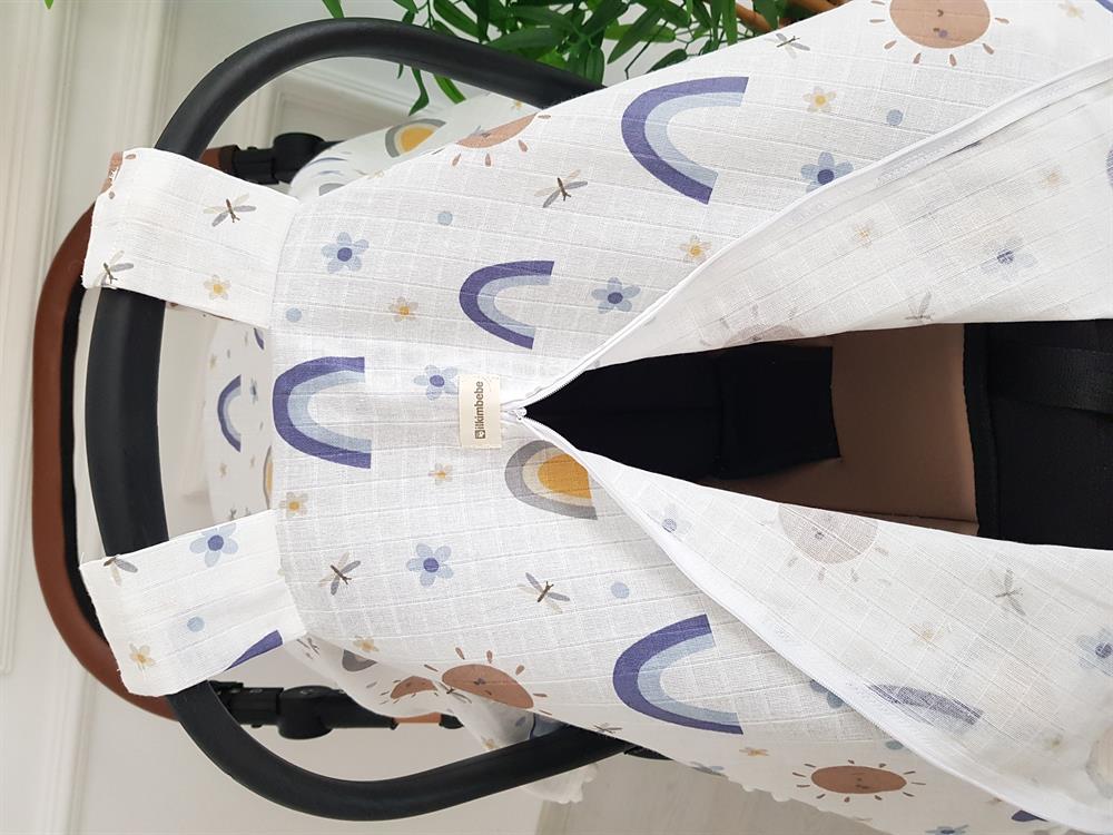 Güneş ve Gökkuşağı Ponponlu Fermuarlı Bebek Puset Örtüsü