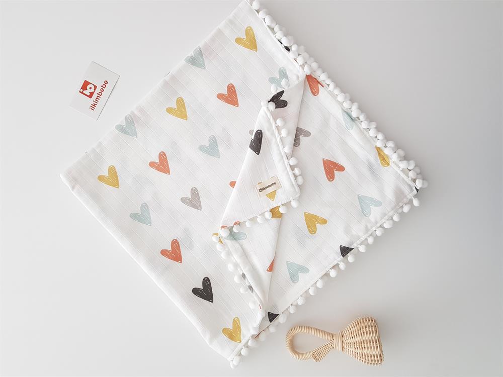 Kalpli Ponponlu Çift Kat Müslin Bebek Battaniyesi 85x90