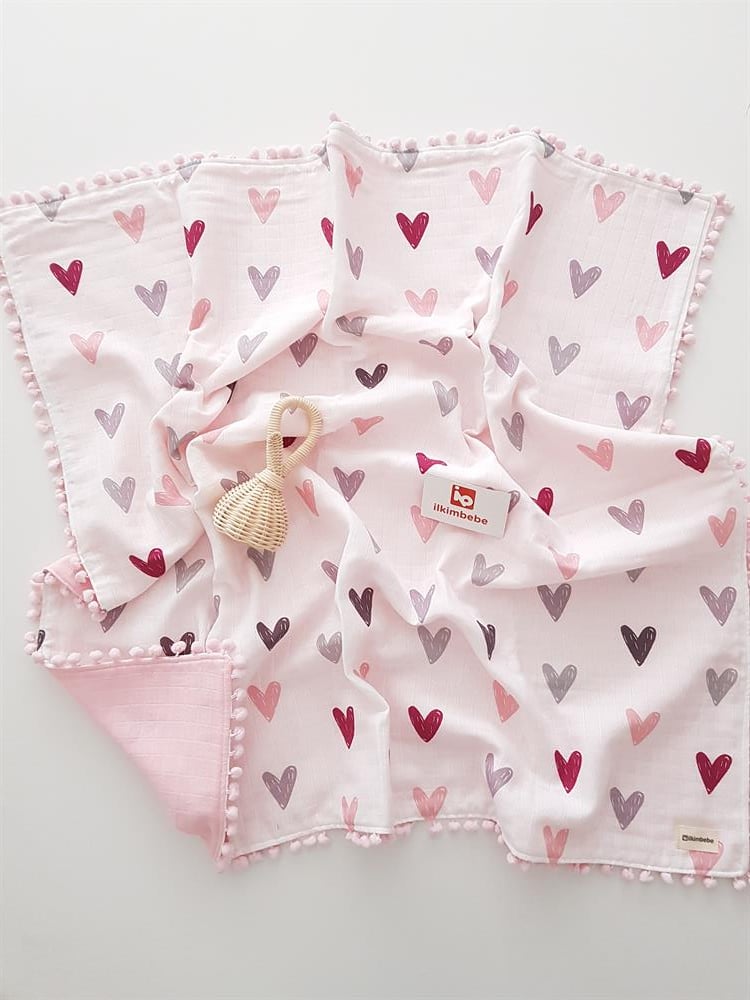 Kalpli Ponponlu Çift Kat Müslin Bebek Battaniyesi 85x90