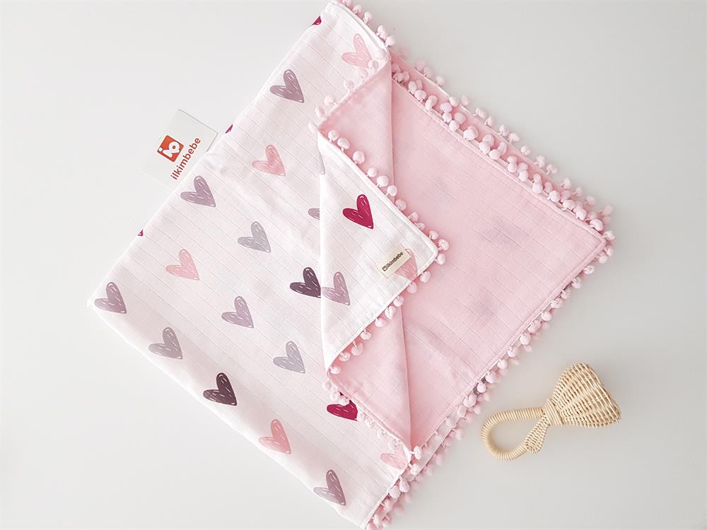 Kalpli Ponponlu Çift Kat Müslin Bebek Battaniyesi 85x90