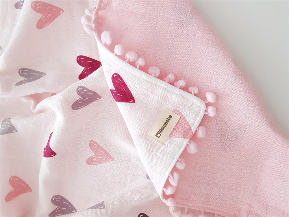 Kalpli Ponponlu Çift Kat Müslin Bebek Battaniyesi 85x90