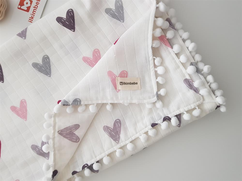 Kalpli Ponponlu Çift Kat Müslin Bebek Battaniyesi 85x90