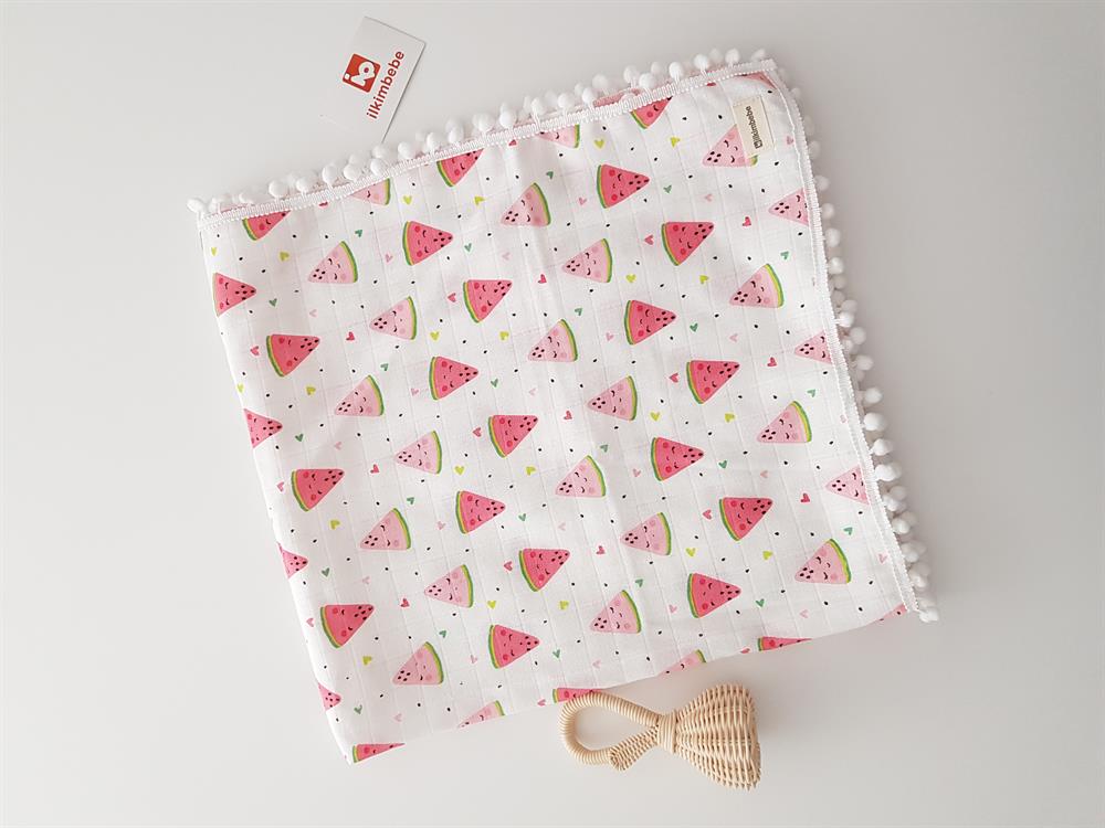Karpuzlu Ponponlu Müslin Bebek Battaniyesi 85x90