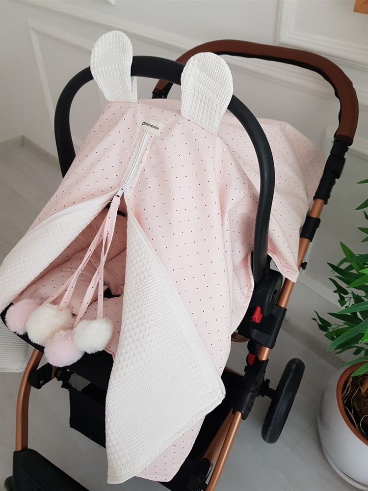 Nokta Desenli Kulaklı Büyük Ponponlu Fermuarlı Bebek Puset Örtüsü ve Puset Minderi