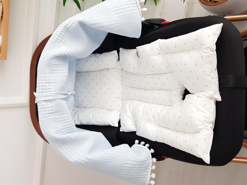 Ponponlu Pikeli Fermuarlı Bebek Puset Örtüsü ve Puanlı Puset Minderi