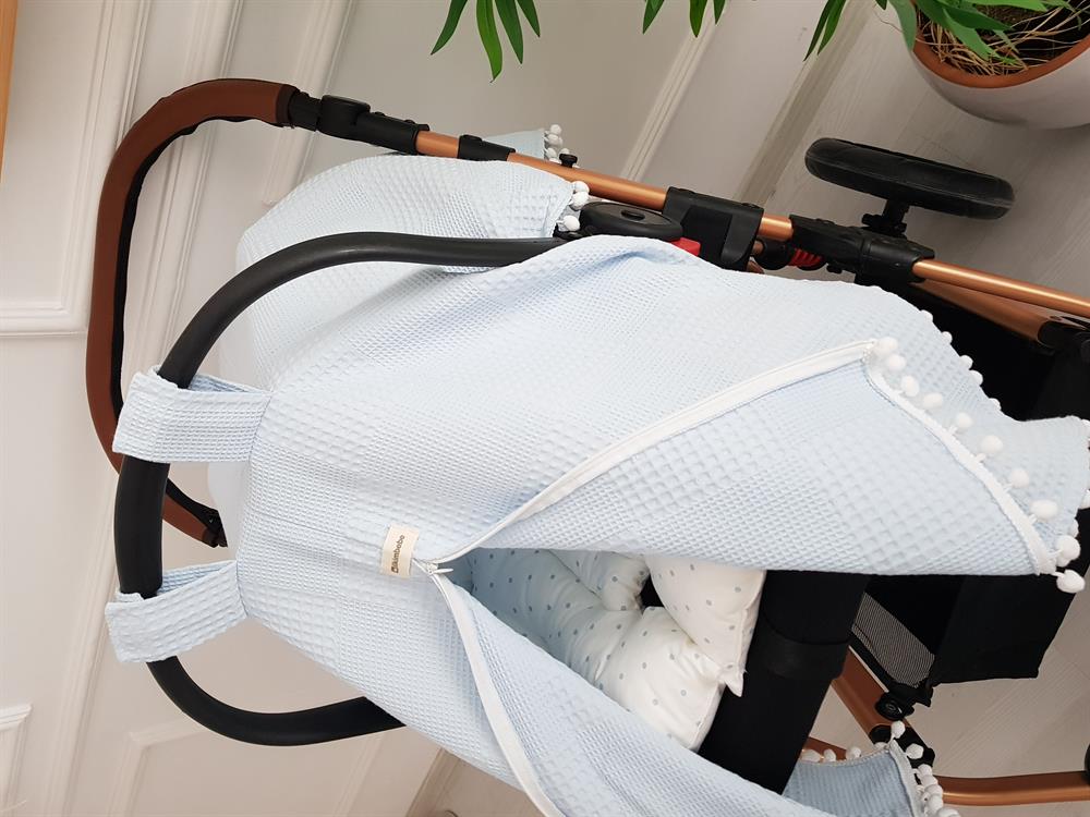 Ponponlu Pikeli Fermuarlı Bebek Puset Örtüsü ve Puanlı Puset Minderi