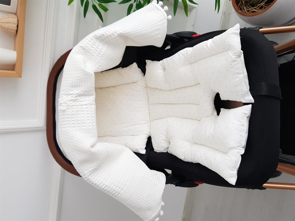 Ponponlu Pikeli Fermuarlı Bebek Puset Örtüsü ve Puanlı Puset Minderi