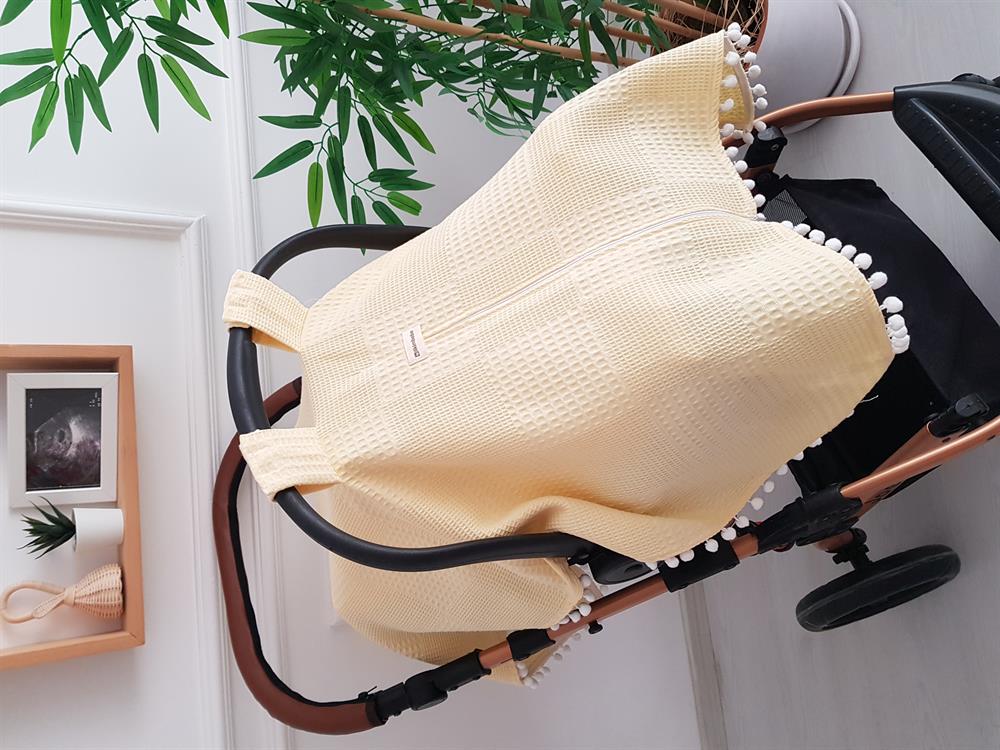 Ponponlu Pikeli Fermuarlı Bebek Puset Örtüsü ve Piti Kare Puset Minderi